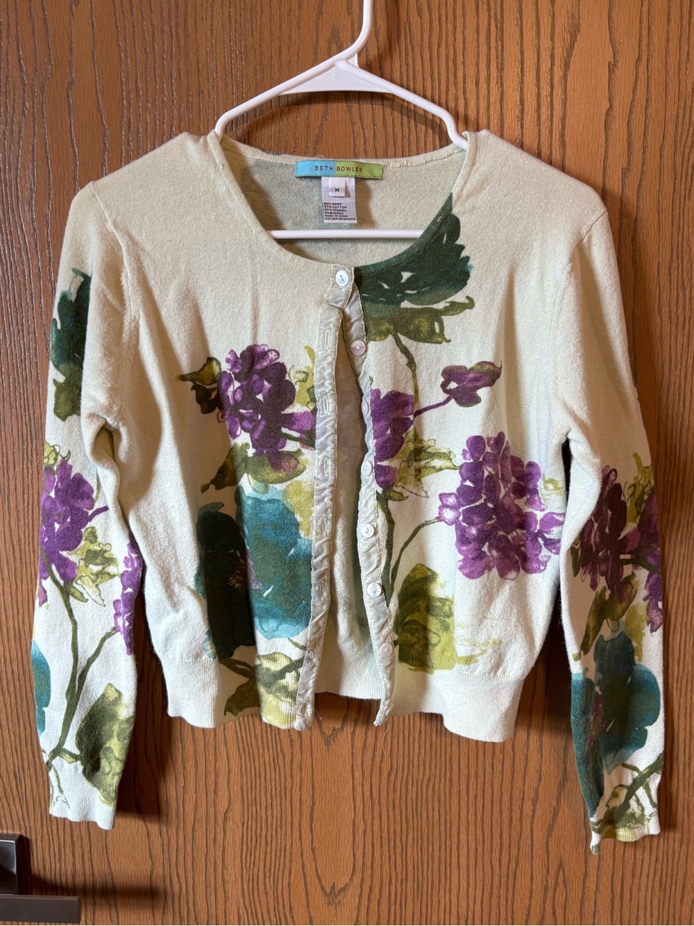 Beth Bowley Cream Cardigan with Purple Floral & Green Leaf Print